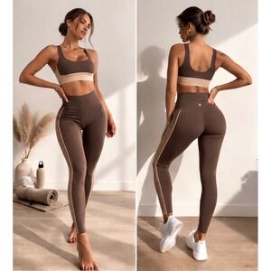 Lanston Sport 2-Piece Activewear Set Brown Tan Colorblock Leggings Bra Med NWT
